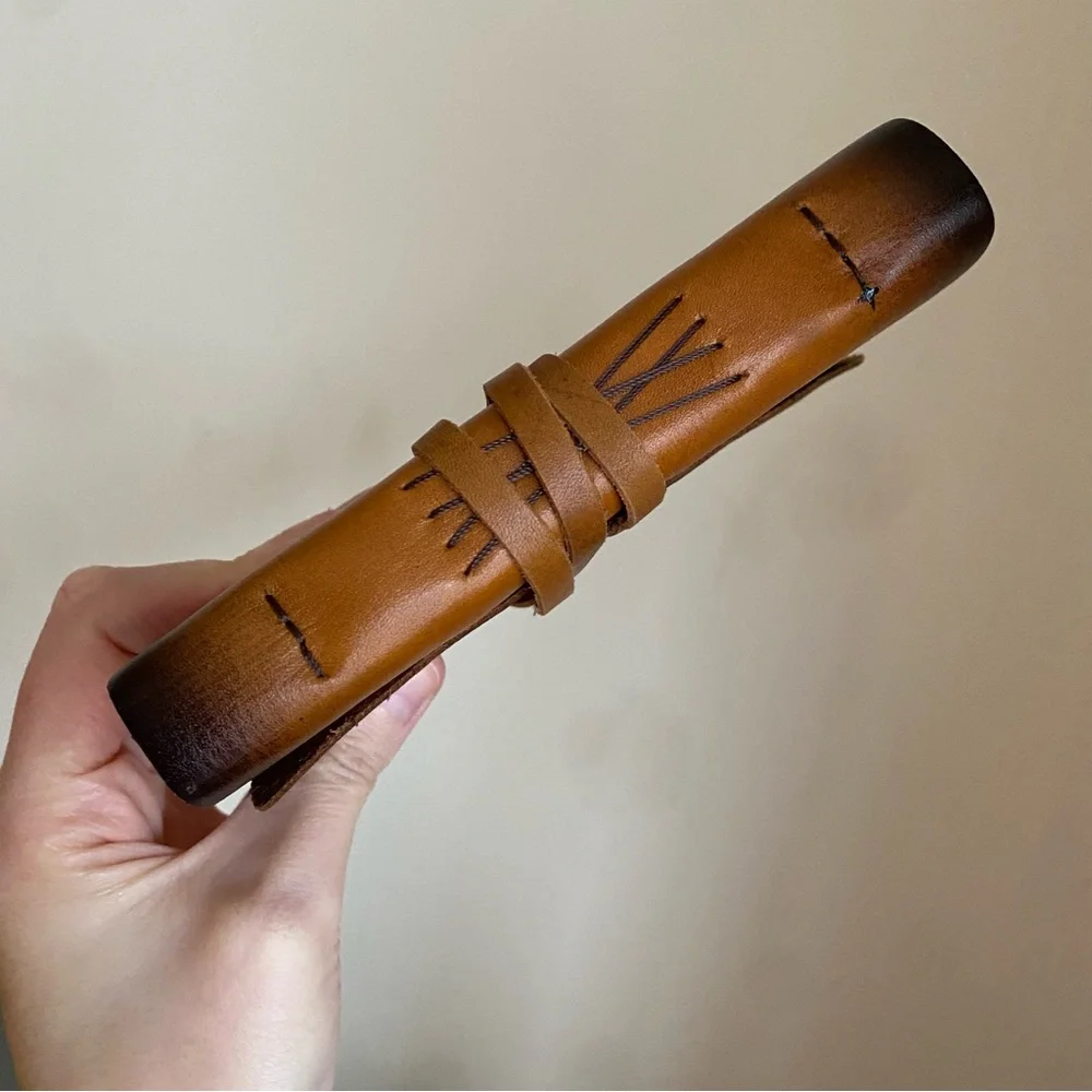 Small Brown Leather Journal with Compass Design and Leather Wrap Closure